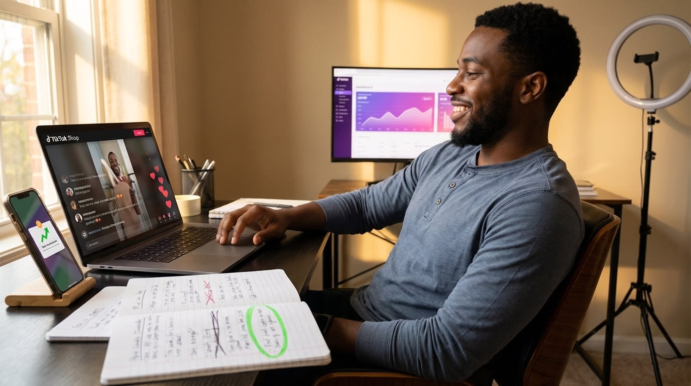 Creator reviewing high-performing TikTok Shop video ad copy with CTR notification and handwritten caption drafts