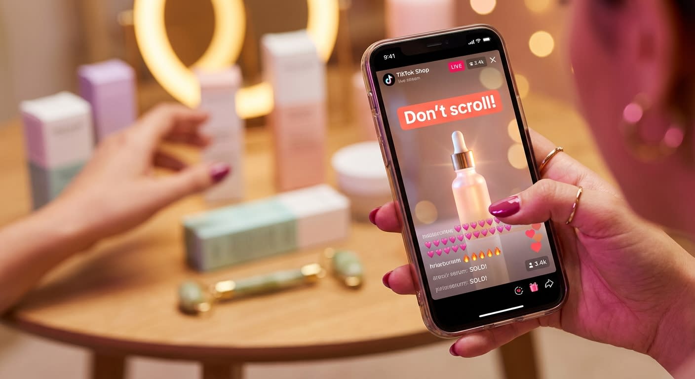 Dynamic action shot of TikTok Shop live stream with Don't Scroll text overlay and heart emoji engagement flooding the chat