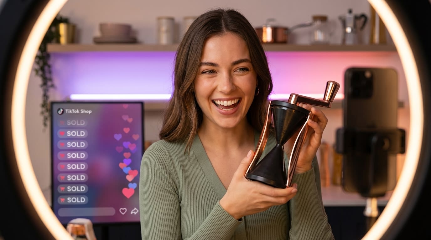 Confident TikTok Shop live stream host presenting products with heart emoji reactions flooding the screen