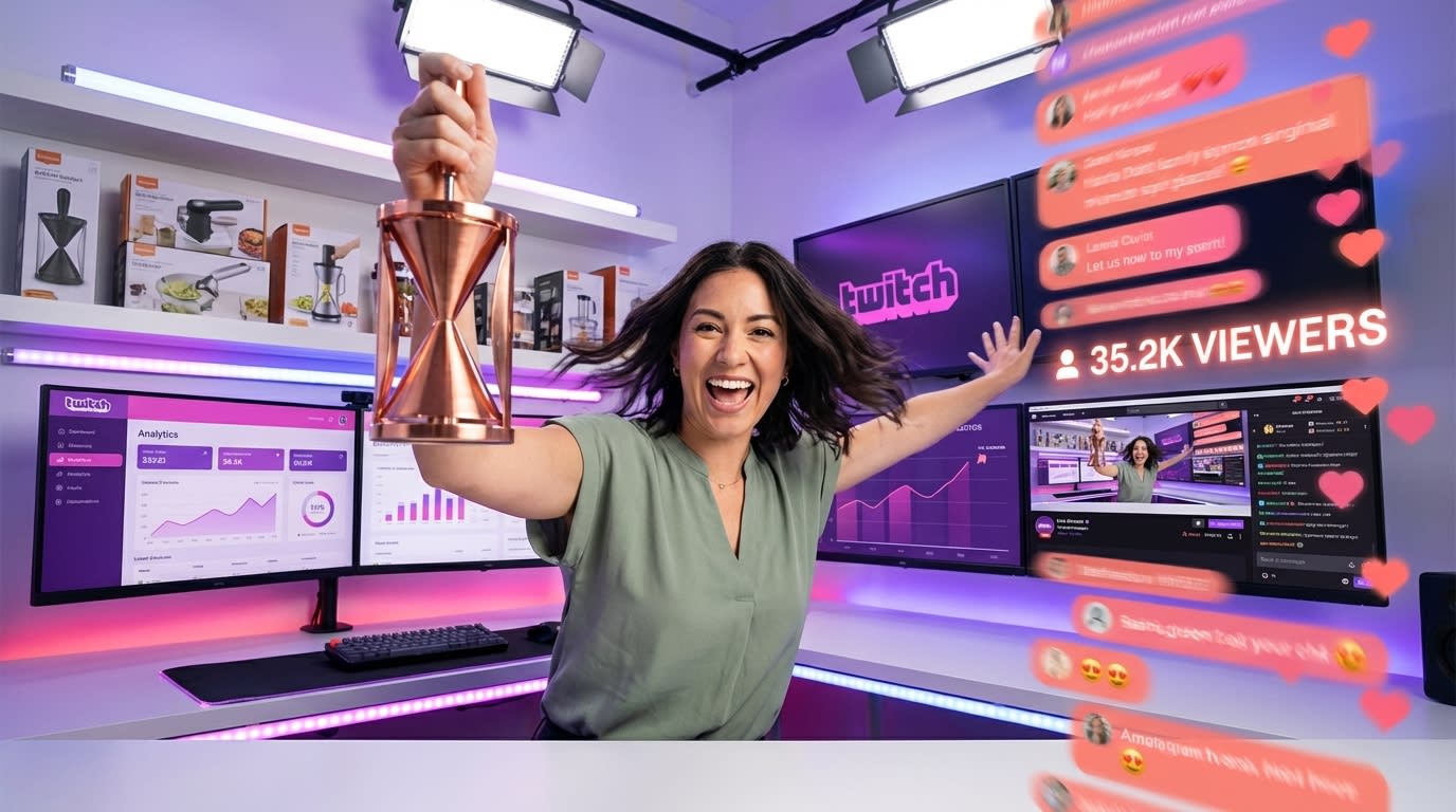 Energetic TikTok Shop live stream host presenting product with text overlay showing limited-time offer and sold notifications