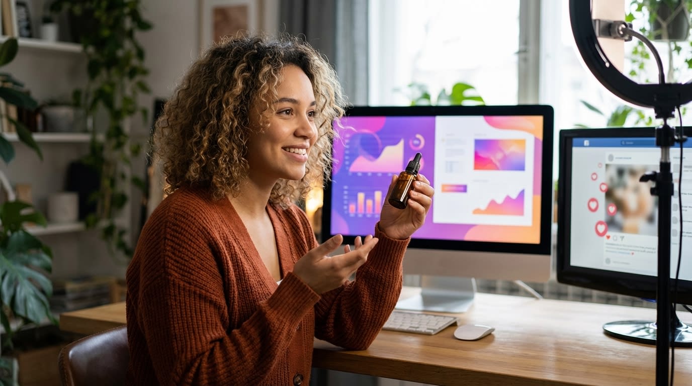 Gen Z creator confidently presenting wellness product with TikTok Shop text overlay formulas on studio monitor