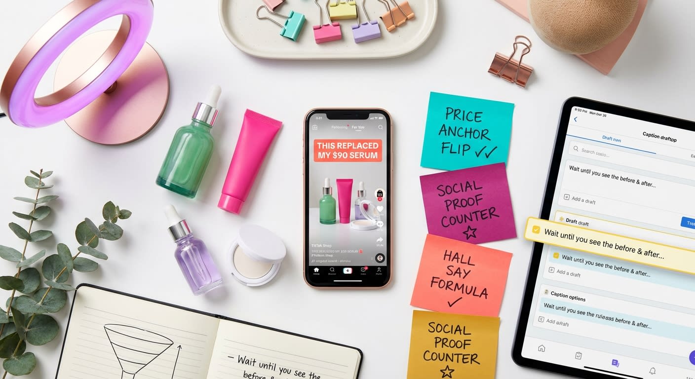 Flat lay of TikTok Shop ad copy workspace with phone showing text overlays and caption formula notes surrounded by products