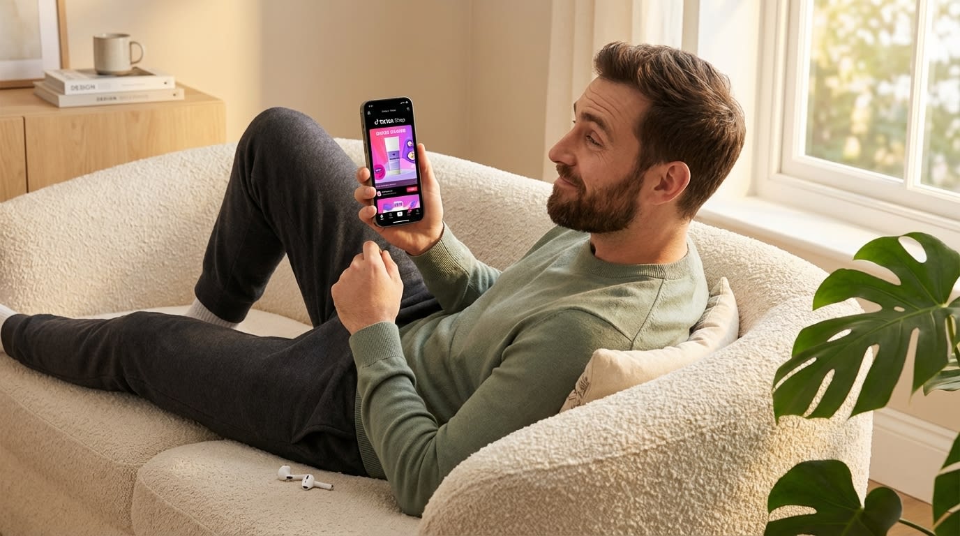 Person browsing TikTok Shop ads with sound off reading text overlays on phone in lifestyle setting