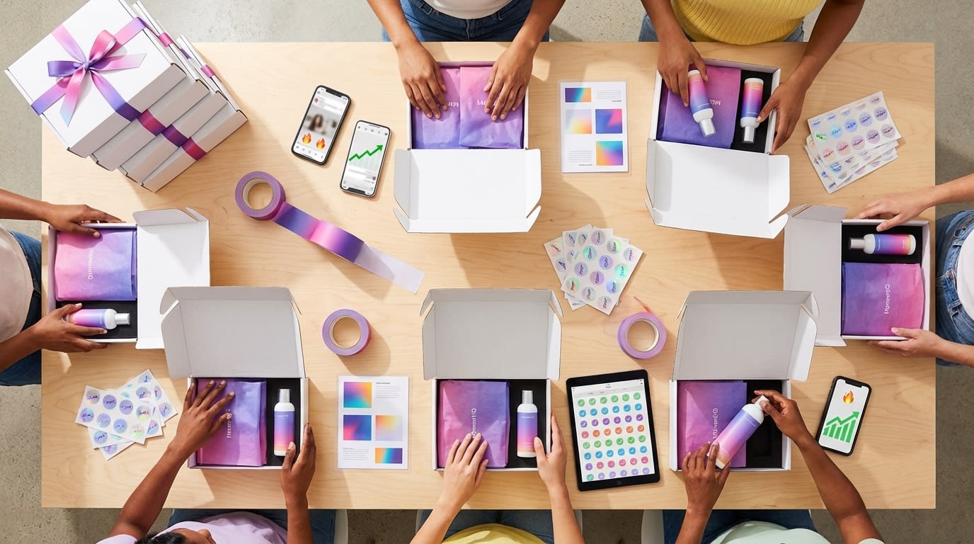 Product seeding boxes being assembled for TikTok Shop creators with text overlay guides and branded packaging