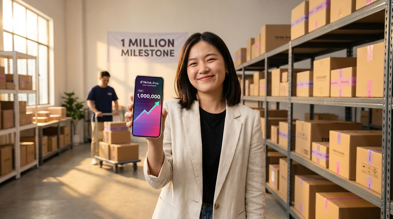 Proud TikTok Shop entrepreneur in fulfillment center holding phone showing record GMV achievement