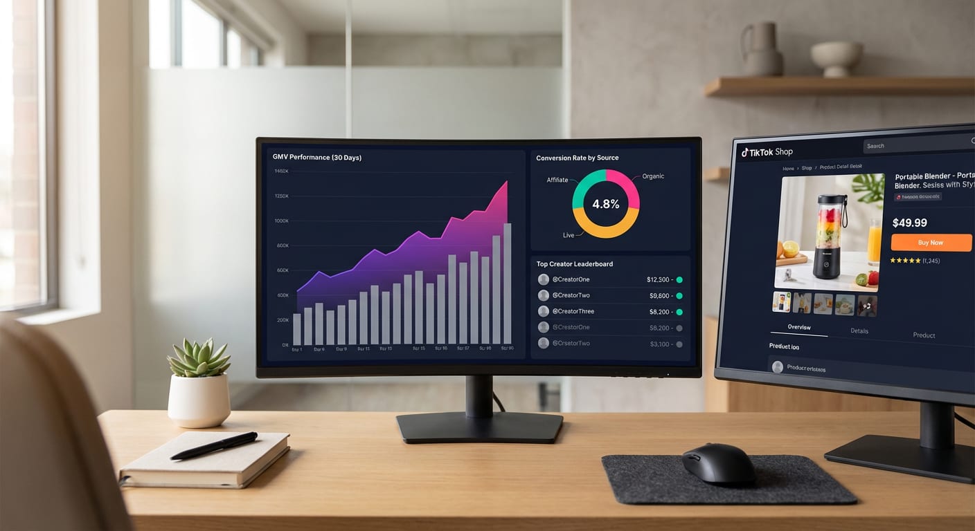 TikTok Shop analytics dashboard showing text overlay caption and CTA performance metrics with upward trends