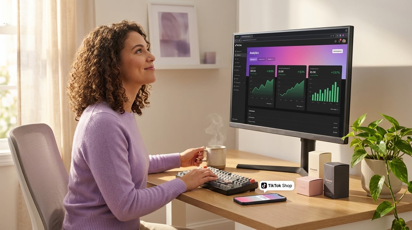 TikTok Shop analytics dashboard showing text overlay caption and CTA performance metrics with upward trends
