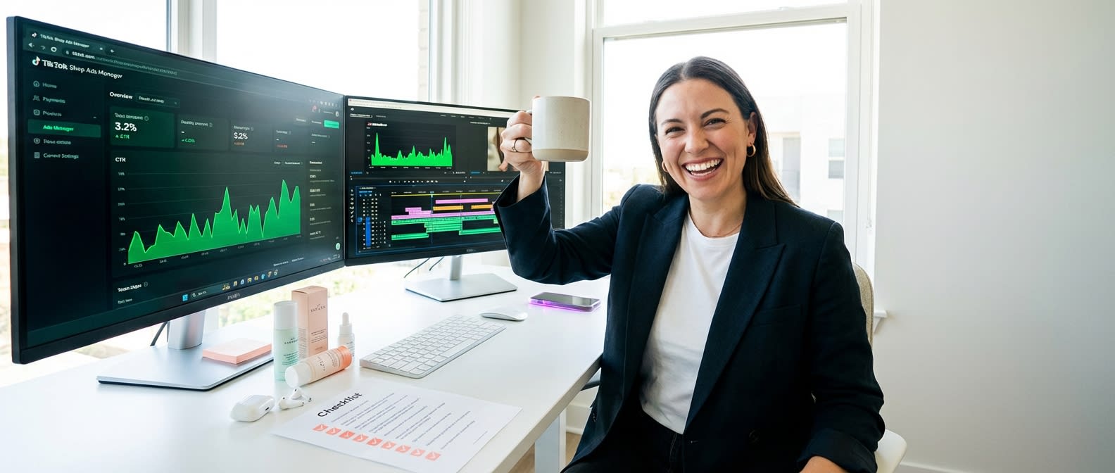 TikTok Shop brand strategist reviewing high CTR ad performance data with text overlay formula checklist on organized desk