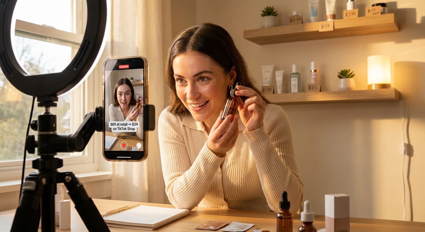 TikTok Shop creator filming product video with price anchor text overlay in professional ring light studio setup