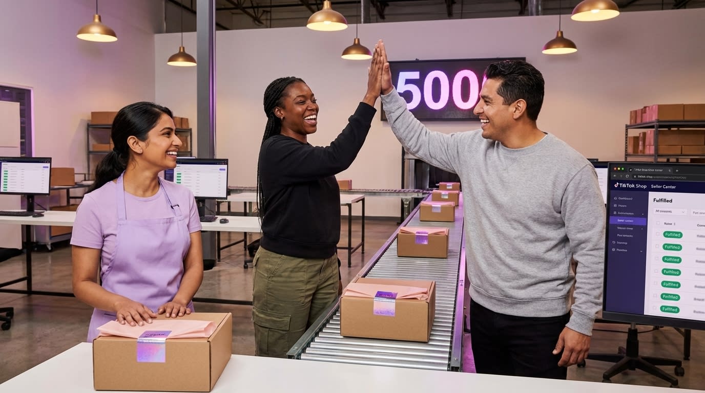 TikTok Shop fulfillment team celebrating 500th daily order shipment in organized warehouse