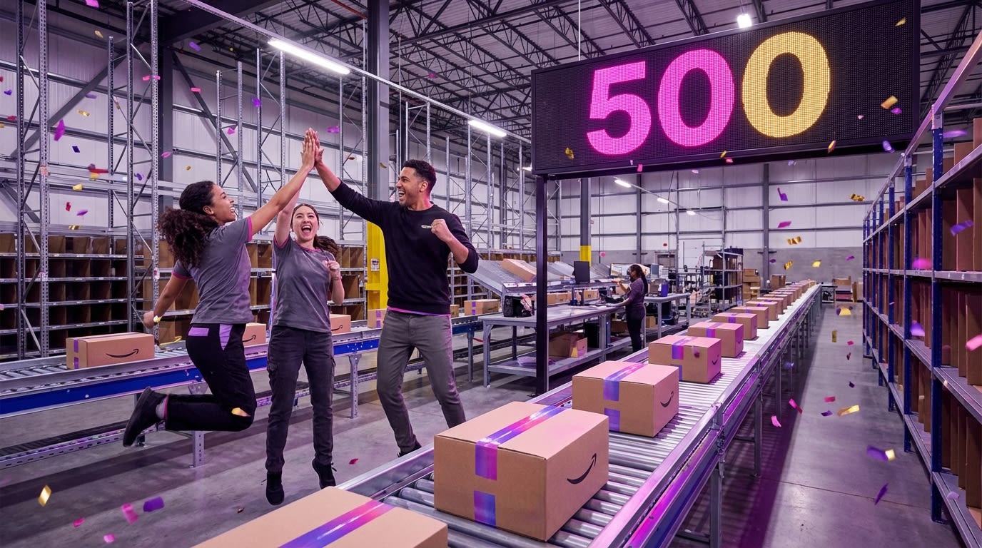 TikTok Shop fulfillment team celebrating 14000 units sold with sales dashboard and branded shipping boxes in organized warehouse