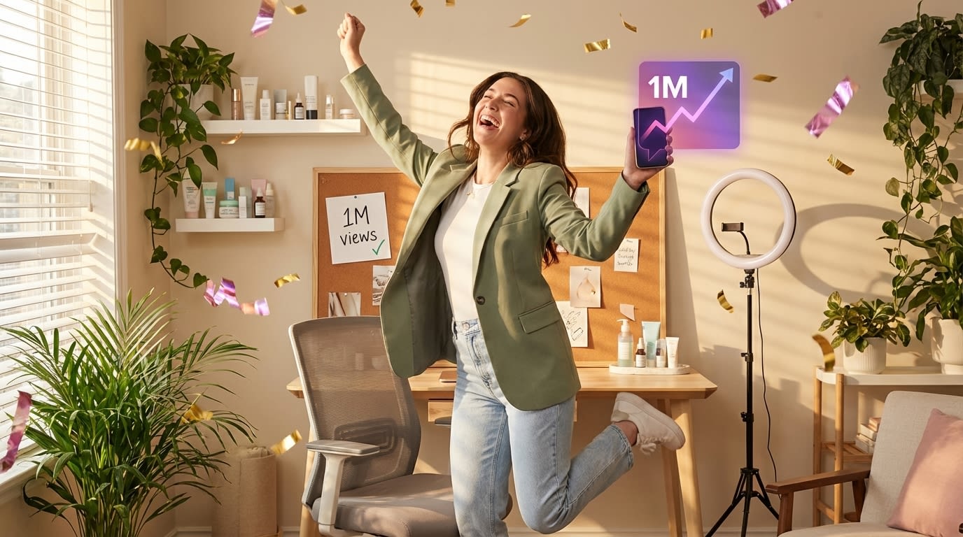 TikTok Shop seller celebrating first viral product video reaching one million views with confetti