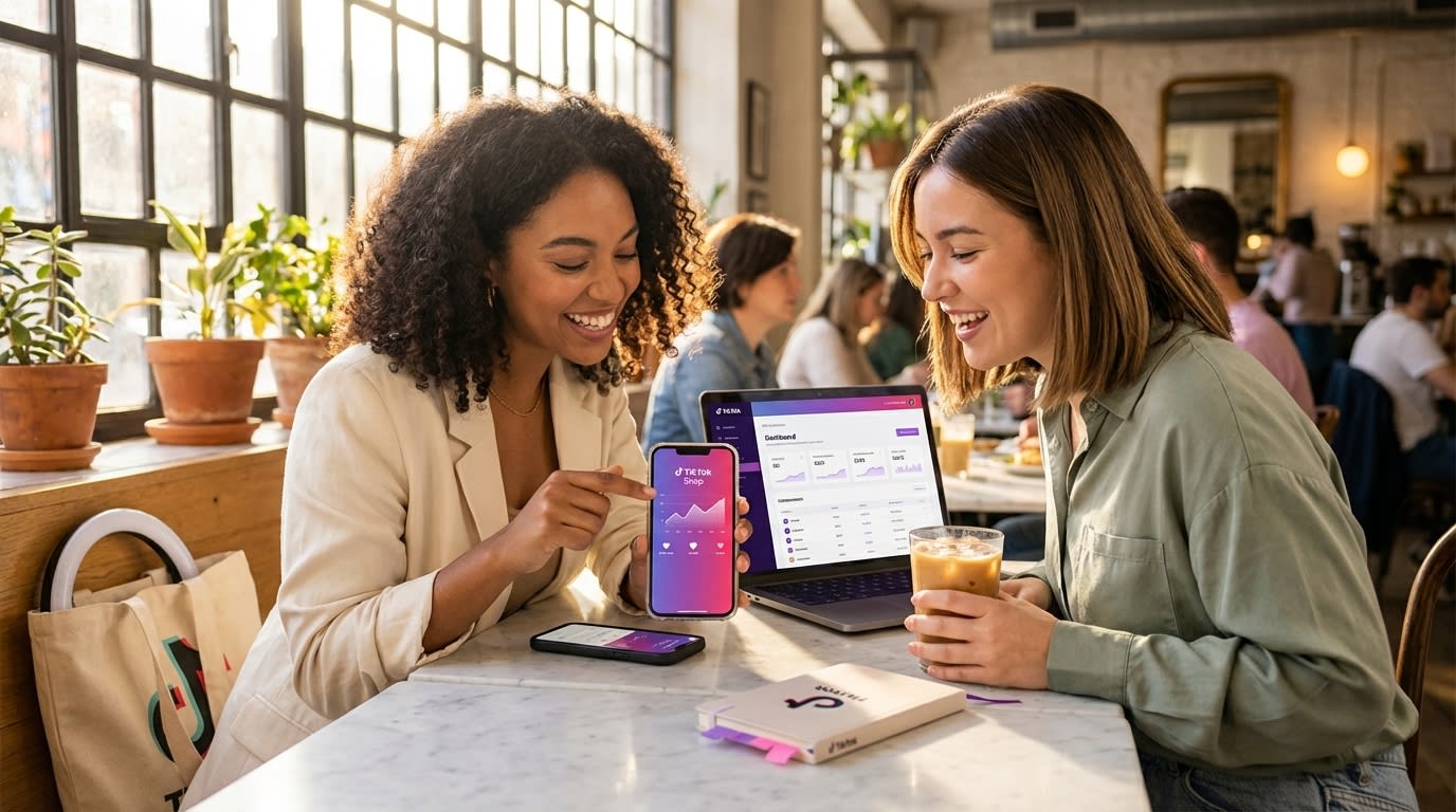 Two entrepreneurs excitedly comparing TikTok Shop ad copy performance on phones at café workspace