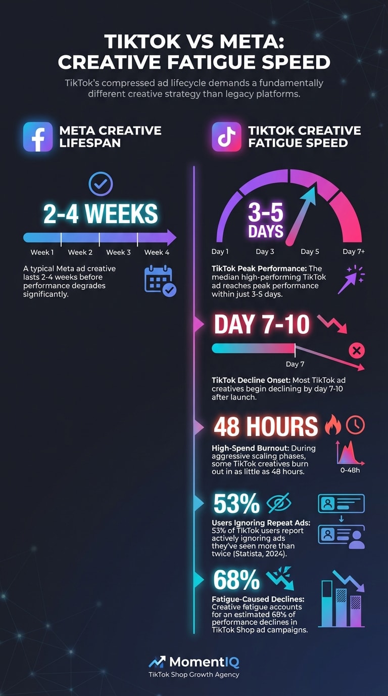 Comparison infographic showing TikTok Shop ad creative fatigue lifecycle of 3-5 days peak versus Meta ads lasting 2-4 weeks with key statistics on user behavior and performance decline