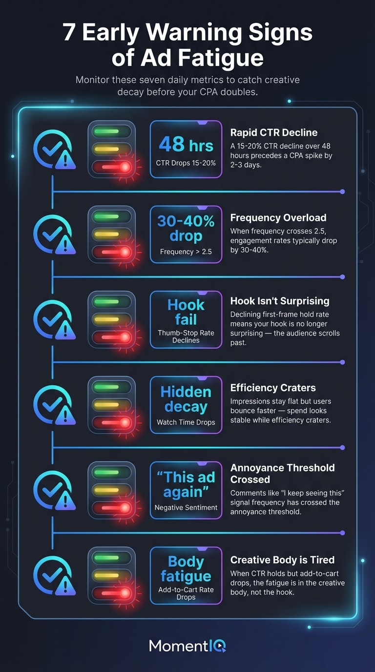 Checklist infographic of 7 early warning signs of TikTok Shop ad creative fatigue including CTR drops, frequency thresholds, thumb-stop rate, watch time, comment sentiment, and add-to-cart metrics