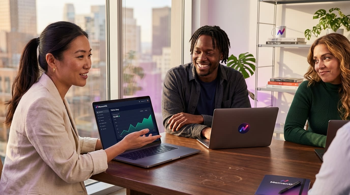 Aspirational shot of MomentIQ strategists collaborating on TikTok Shop growth strategies in a modern office.