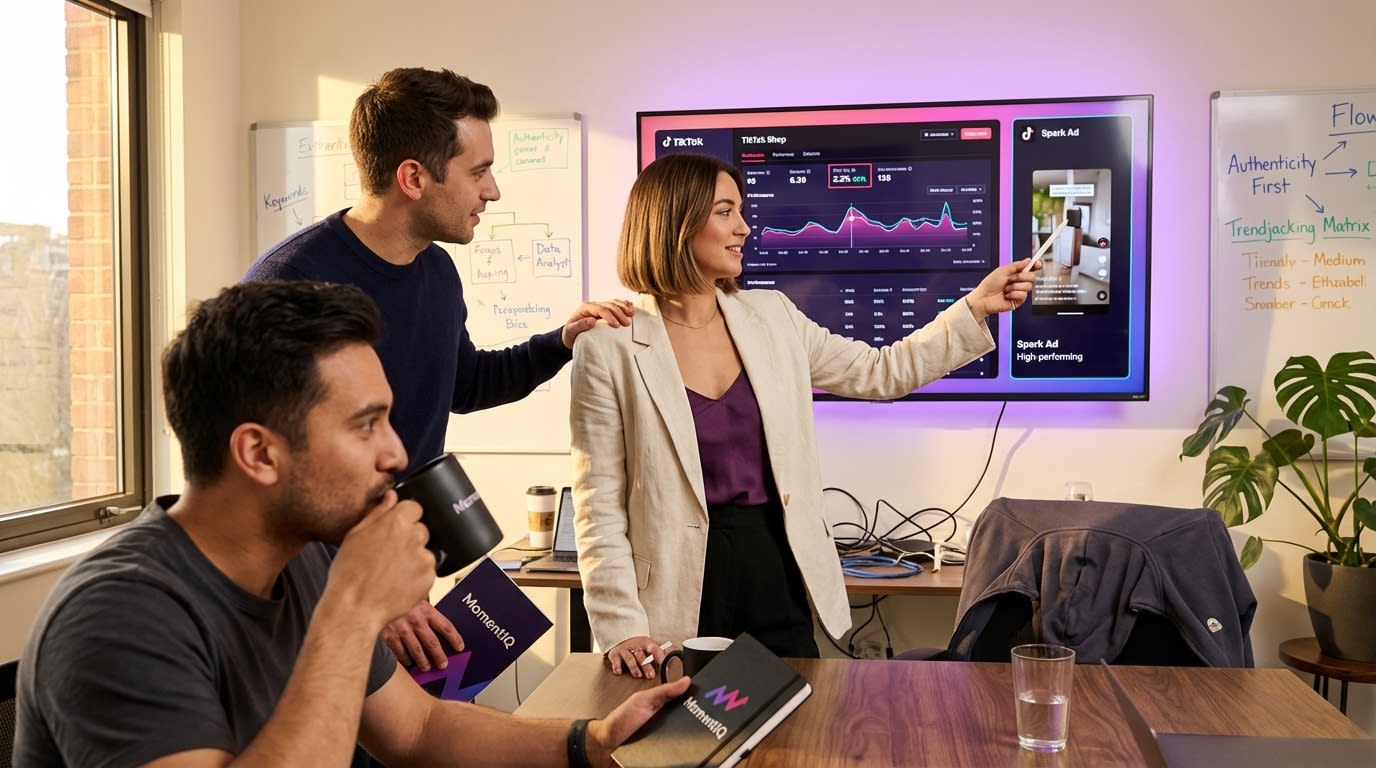 Brand team reviewing successful Spark Ad performance and organic-native content strategies.