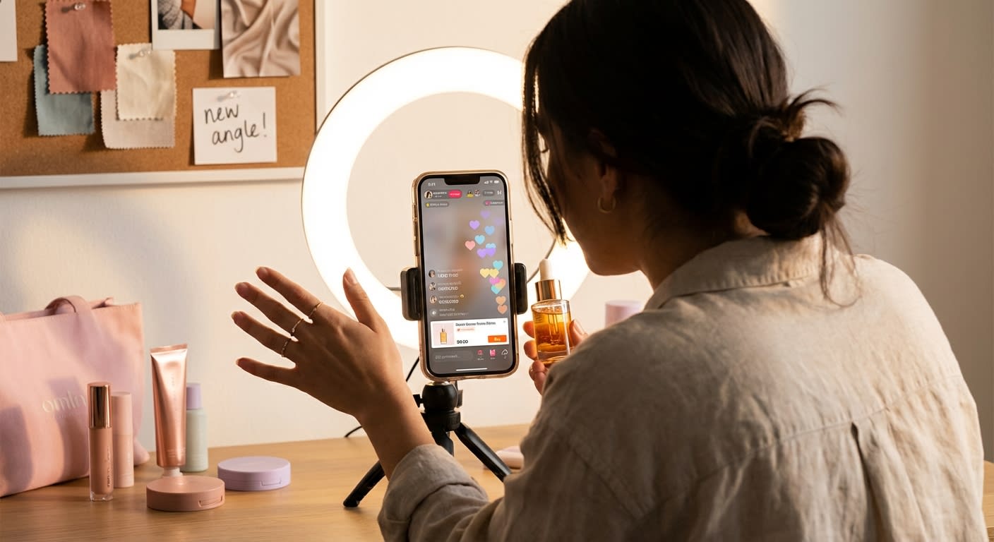 Professionally staged TikTok Shop live stream setup with products, ring light, and phone showing high viewer count