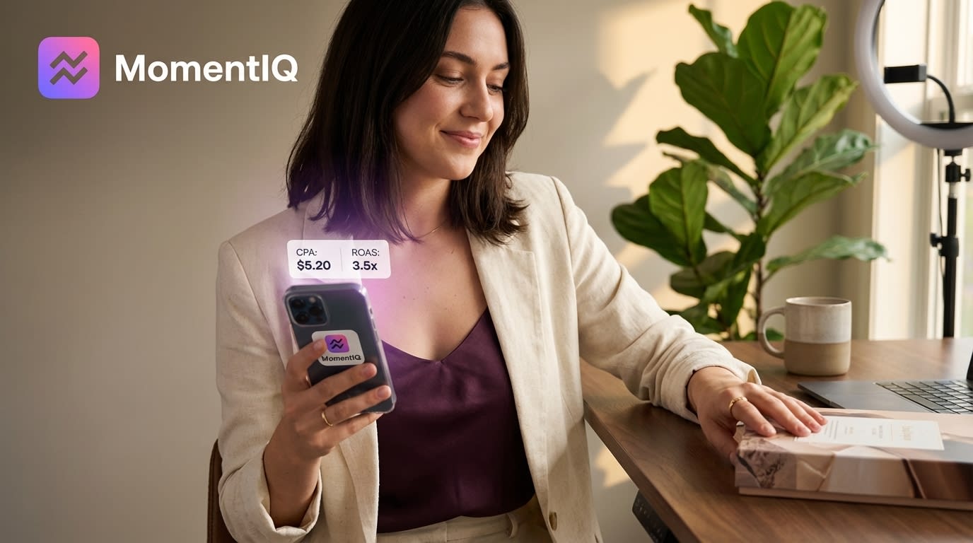 Entrepreneur reviewing profitable TikTok Shop ad campaign performance on her phone.