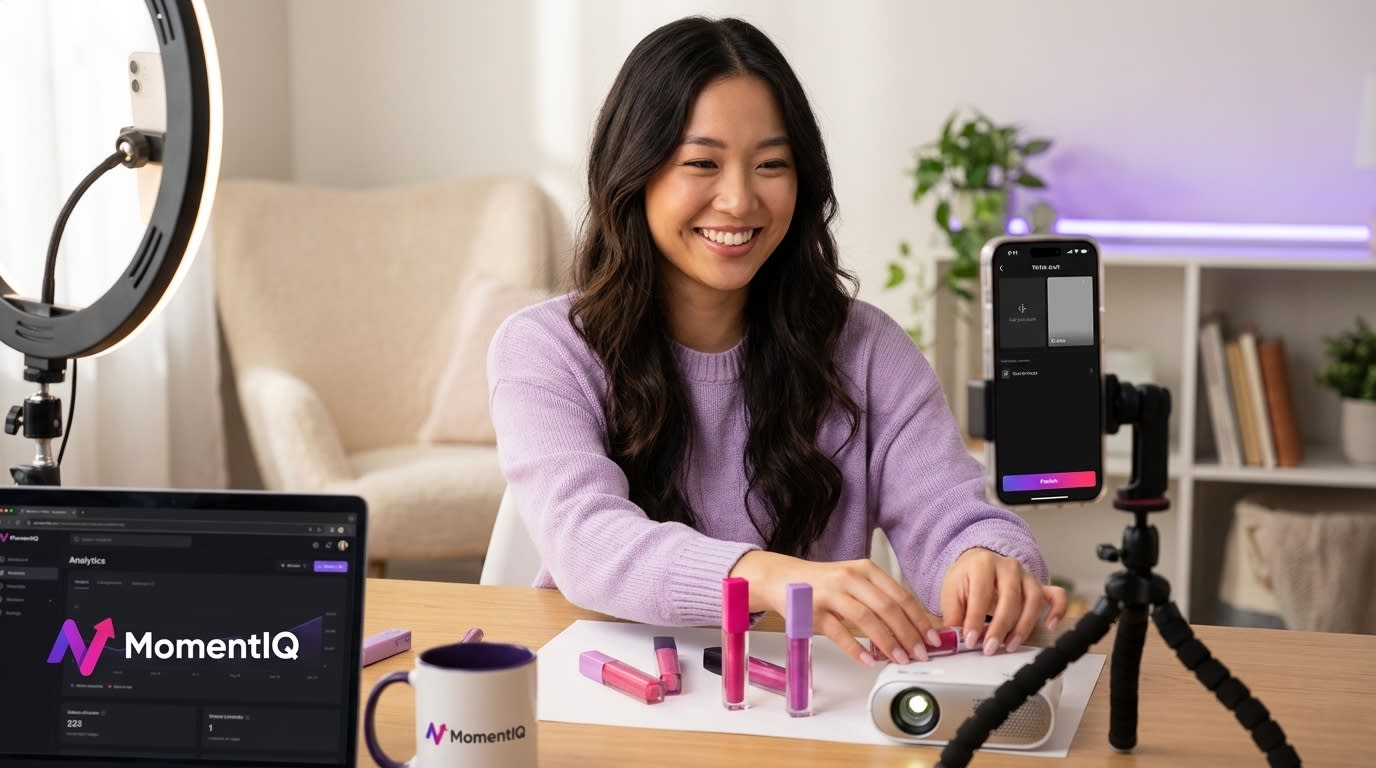 Joyful TikTok creator setting up props for a fresh, novel product video shoot.