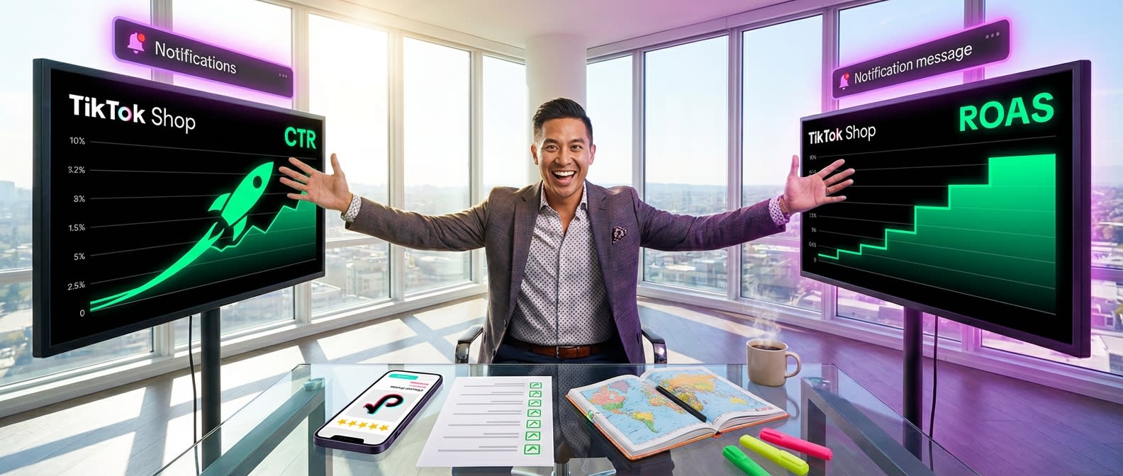 Organized TikTok Shop analytics dashboard showing positive ad performance metrics and upward-trending ROAS