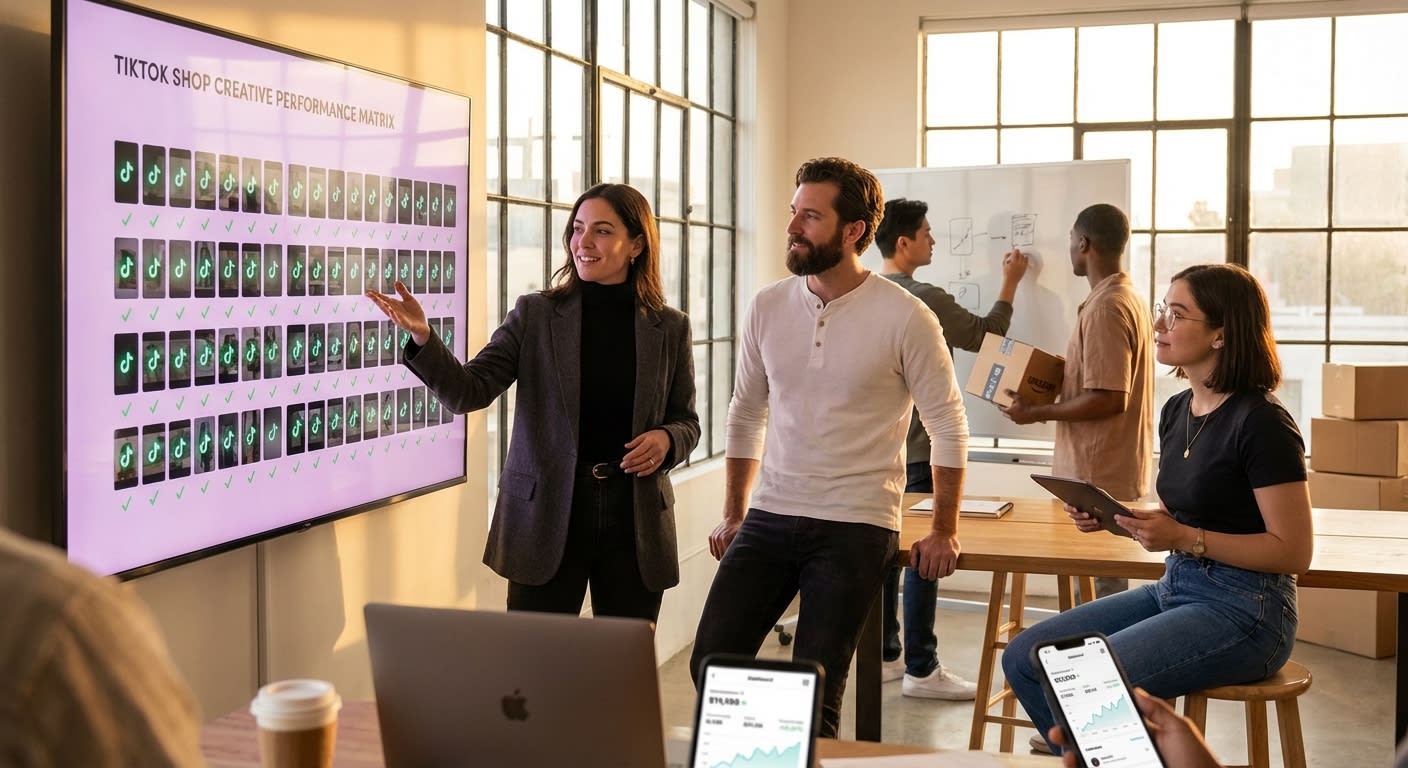 TikTok Shop growth agency team reviewing high-performing ad creative variants on a large analytics screen