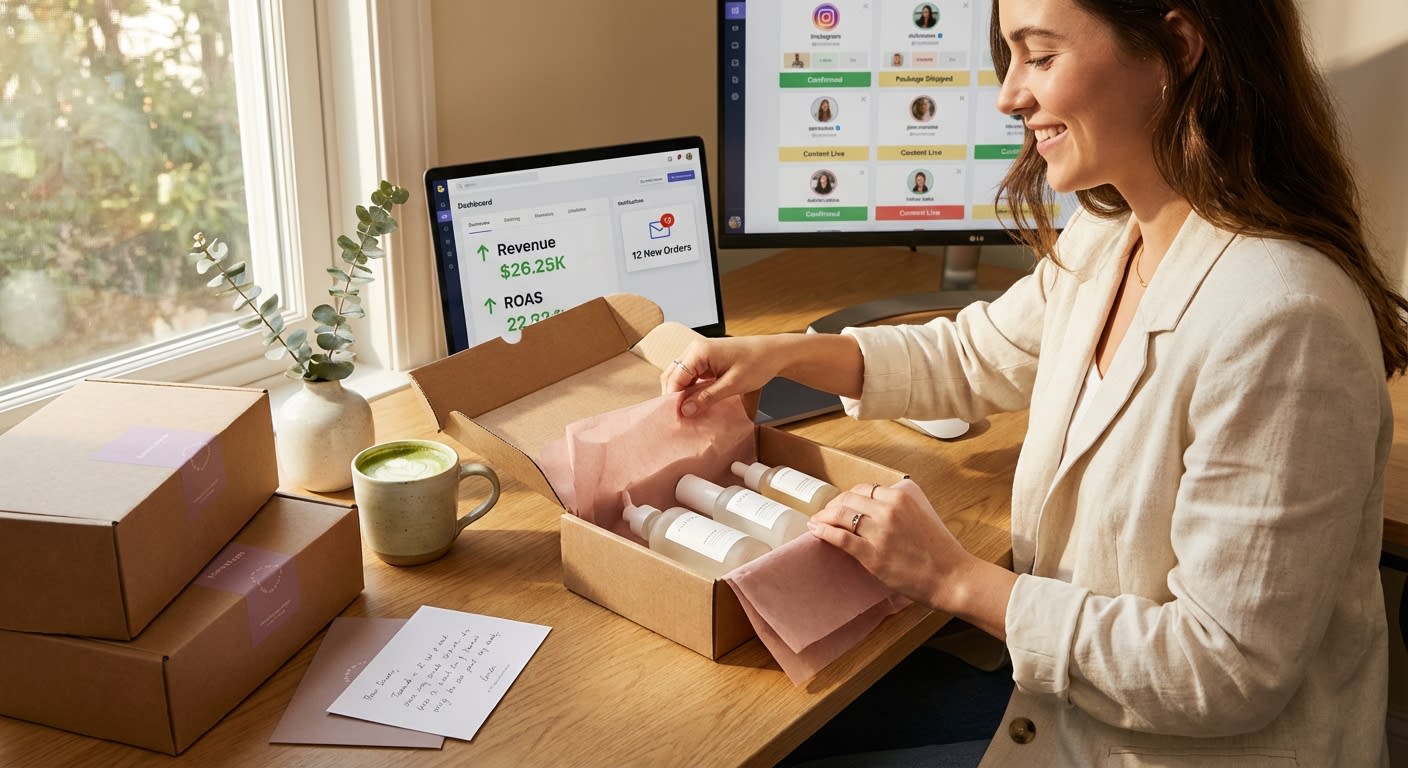 Smiling TikTok Shop entrepreneur reviewing positive revenue dashboard while preparing creator product seeding packages