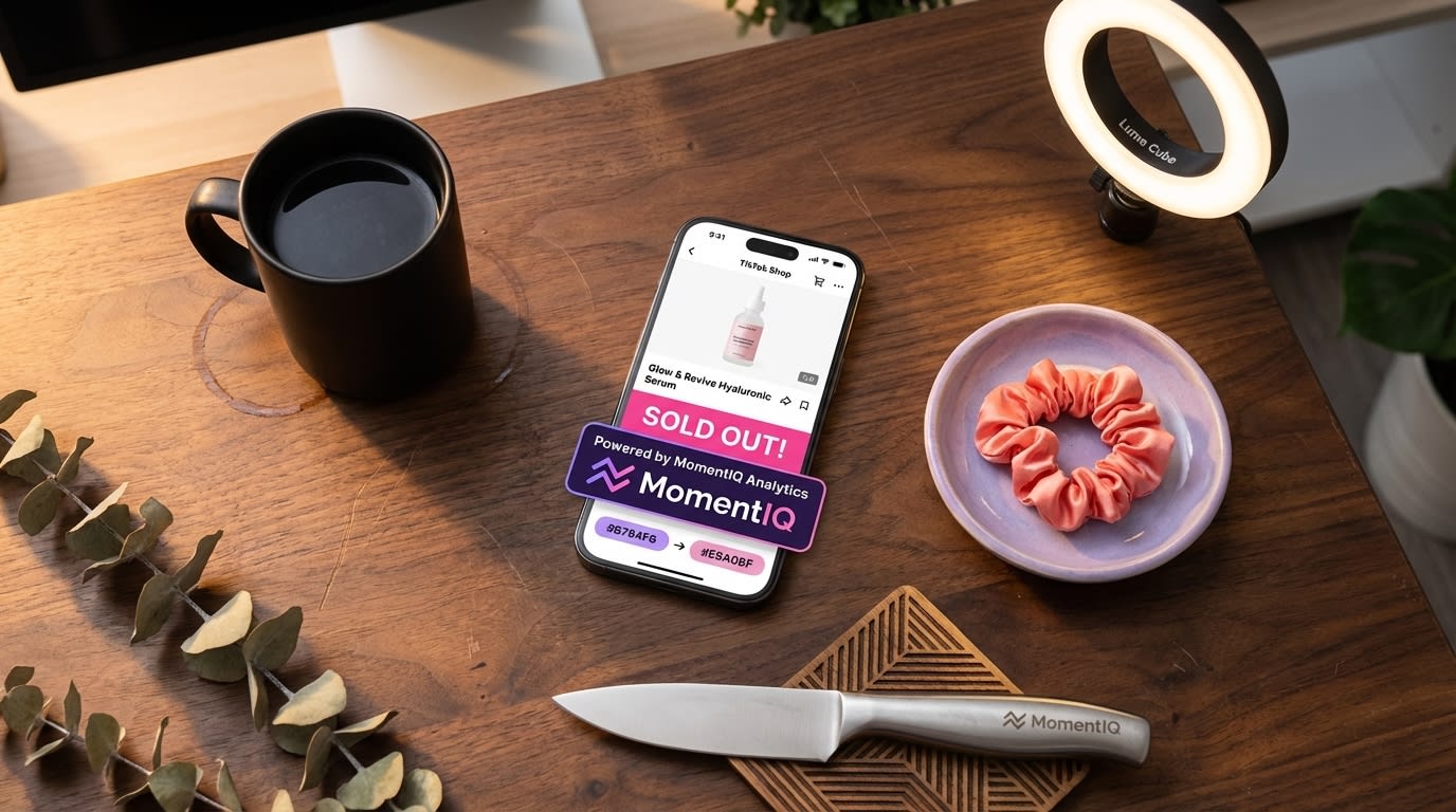 Vibrant flat lay of a smartphone showing TikTok Shop app with products and creative tools.