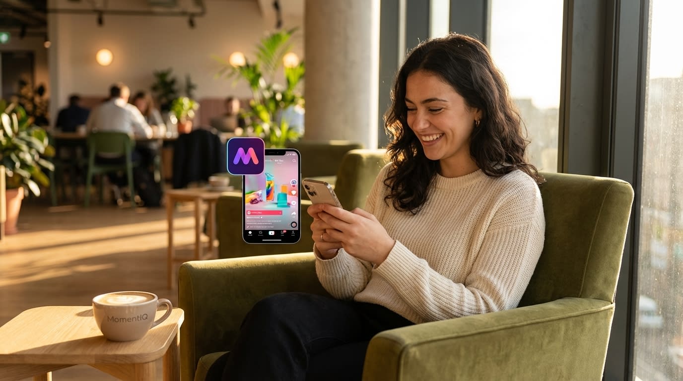 Young person smiling while watching an engaging, native TikTok Shop ad on their phone.