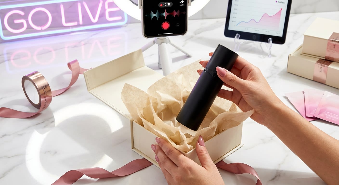 Aesthetic TikTok Shop product unboxing being filmed with phone on tripod showing recording interface