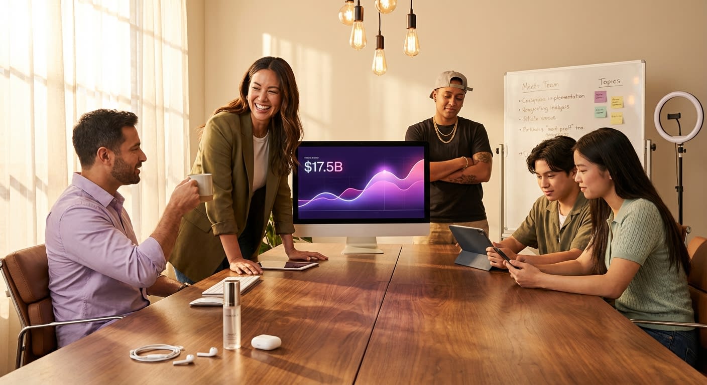 Brand team celebrating TikTok Shop revenue growth on analytics dashboard in modern office