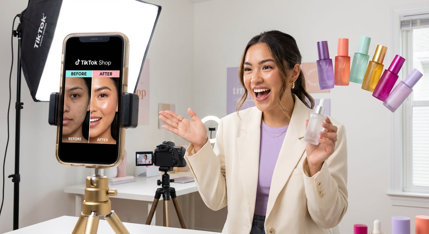 Energetic content creator filming TikTok Shop split-screen product demo in professional home studio