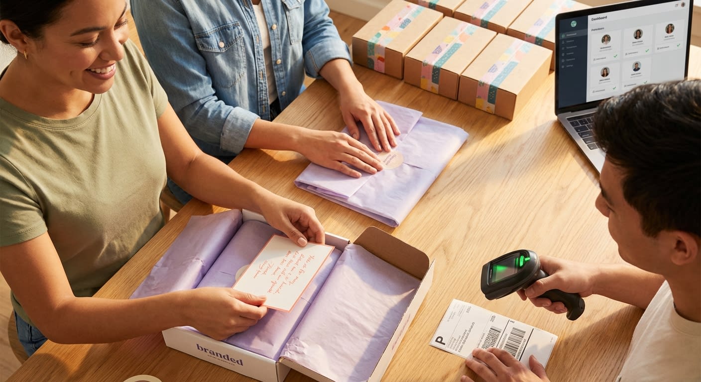 Team preparing TikTok Shop product seeding packages with branded packaging and creator outreach dashboard
