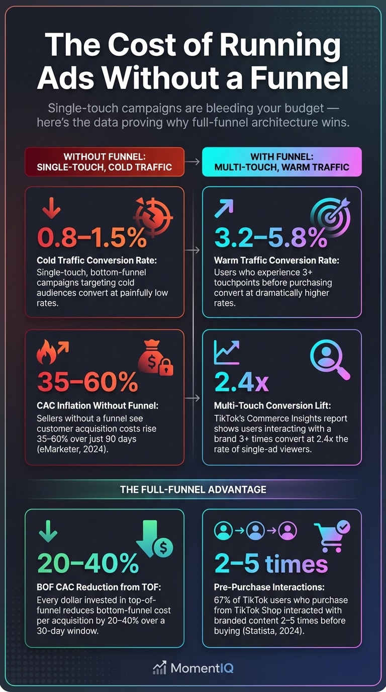 Infographic showcasing key statistics on TikTok Shop ad funnel performance including conversion rates CAC inflation and multi-touch conversion lift data from 2024