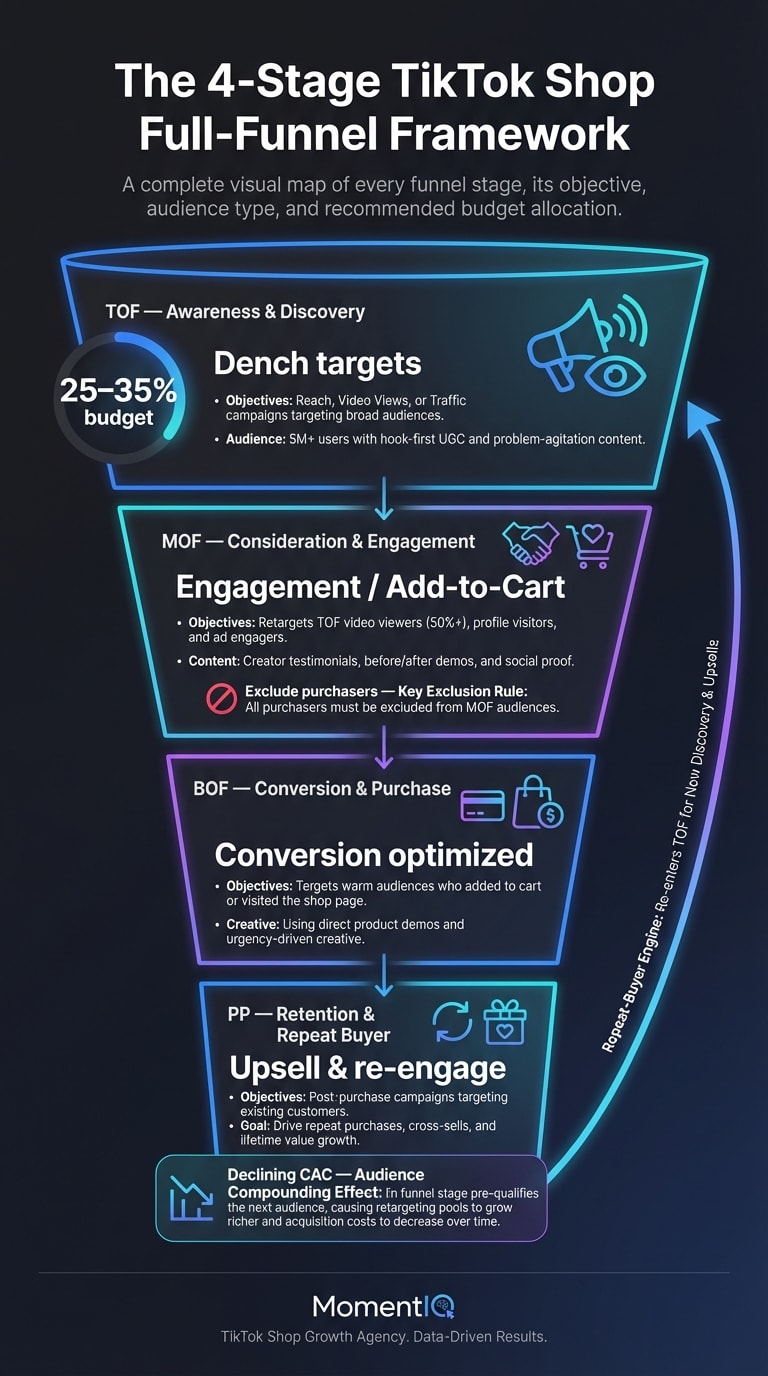Funnel infographic illustrating the four stages of TikTok Shop full-funnel ad architecture from top-of-funnel awareness through post-purchase retention with budget allocations