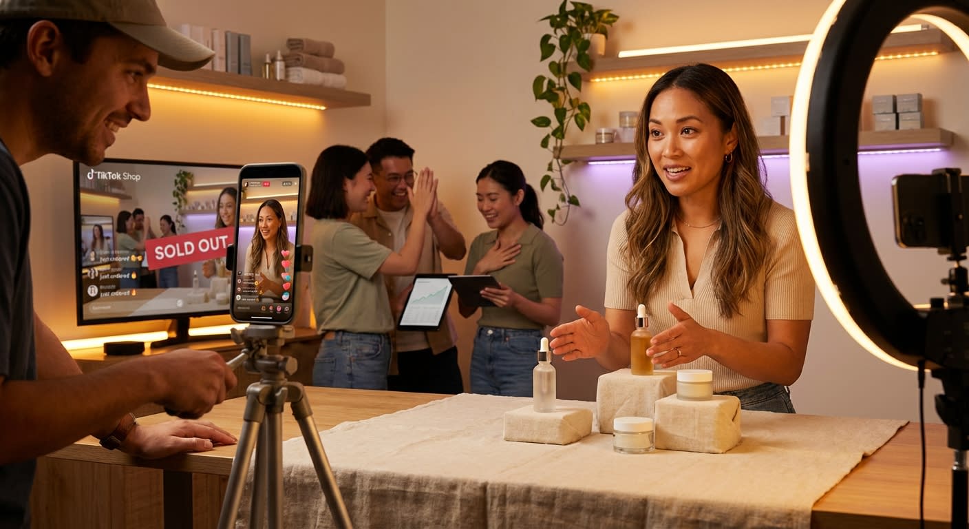 Energetic TikTok Shop live shopping stream with creator presenting product to thousands of engaged viewers