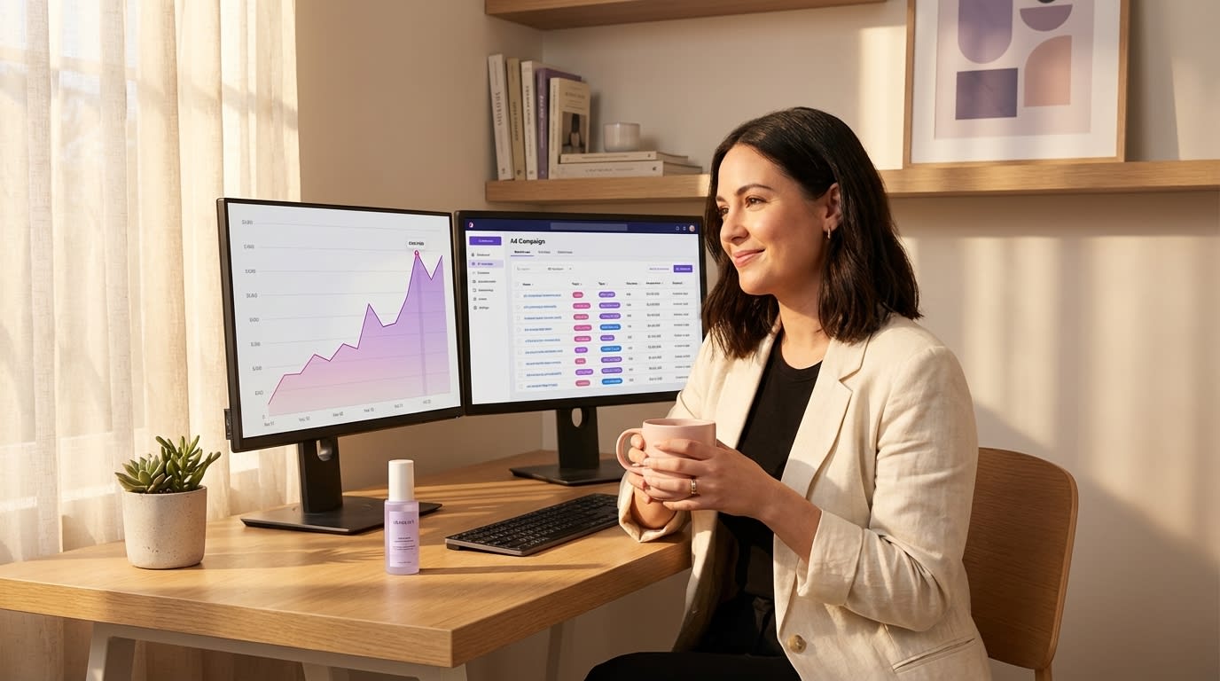 Confident TikTok Shop brand founder reviewing peak GMV analytics and organized ad campaign structure