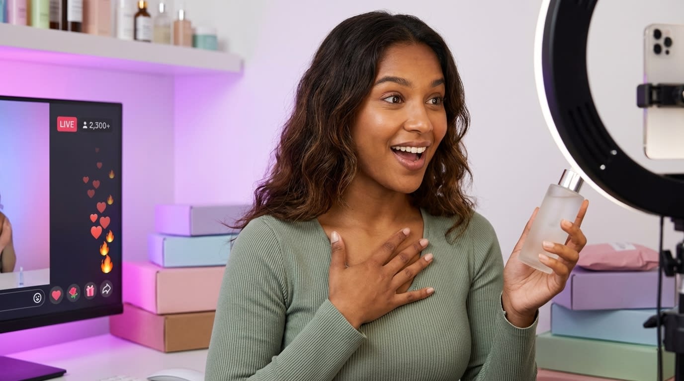 Energetic TikTok Shop live shopping stream with creator presenting product to thousands of engaged viewers