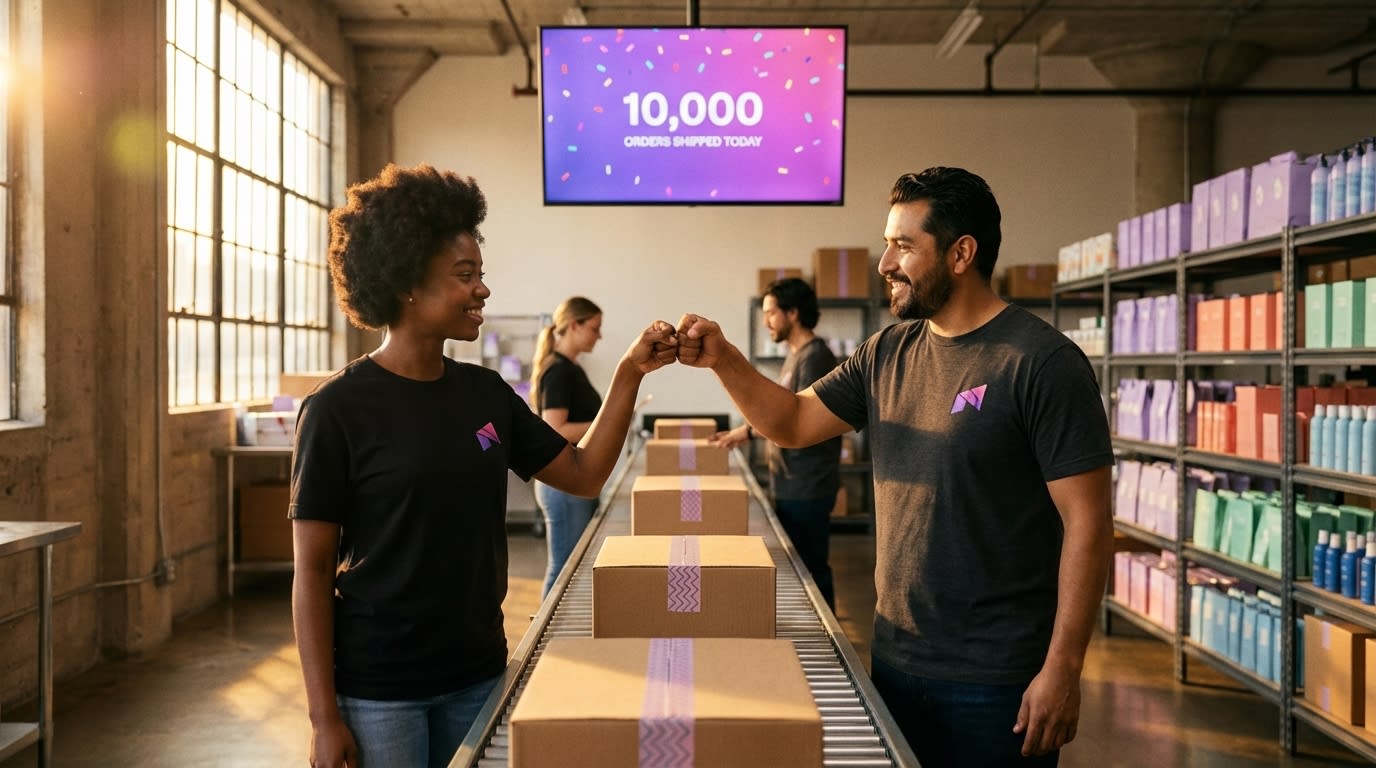 Large-scale TikTok Shop fulfillment center shipping thousands of daily orders with celebratory team moment