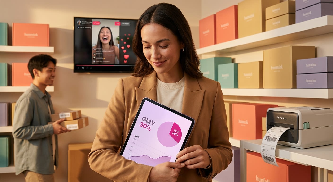 Entrepreneur reviewing TikTok Shop funnel budget allocation on tablet in organized fulfillment warehouse with trending sales dashboard