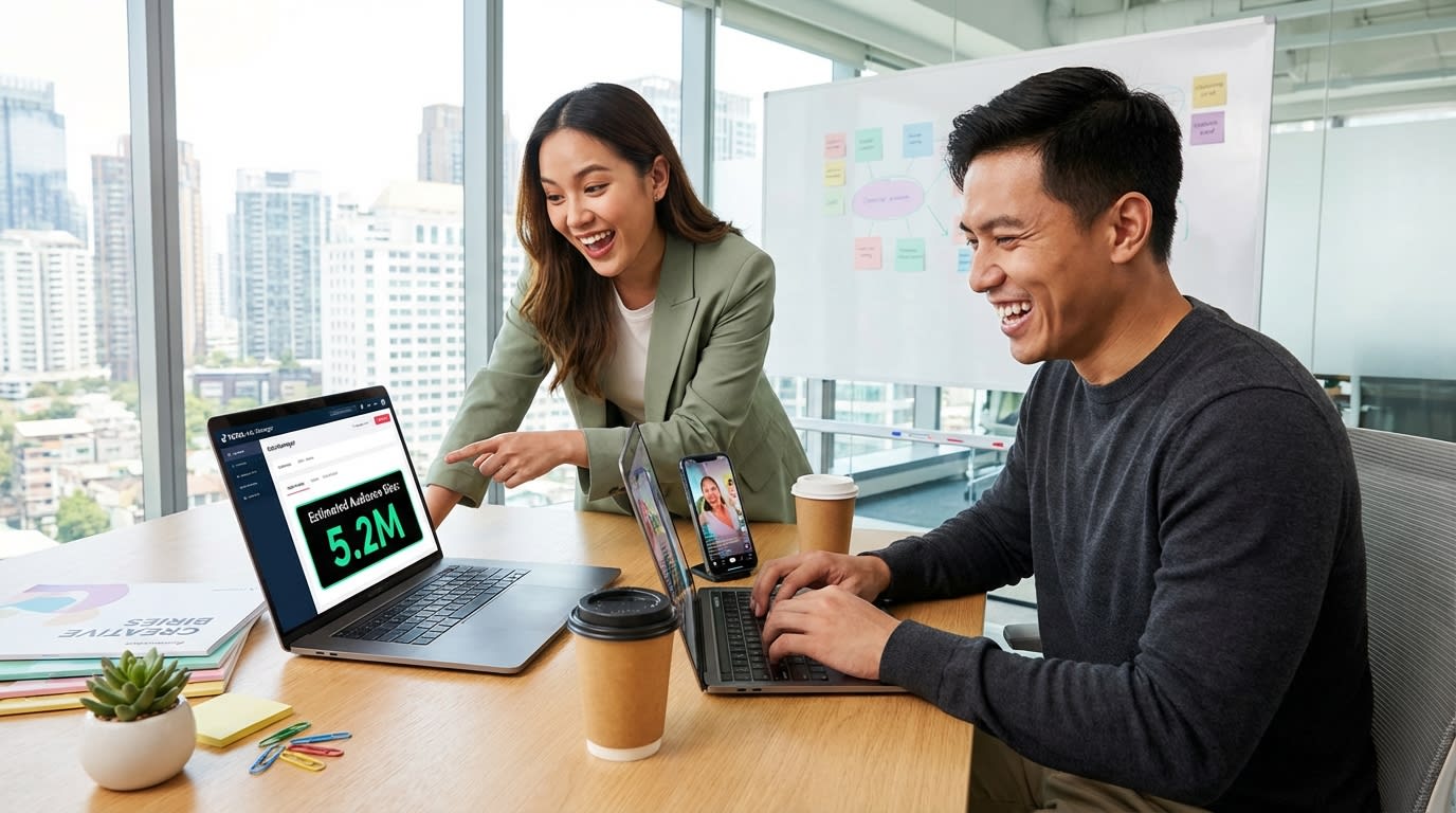 Marketing strategists confidently building TikTok Shop lookalike audience targeting in Ads Manager with large audience pools