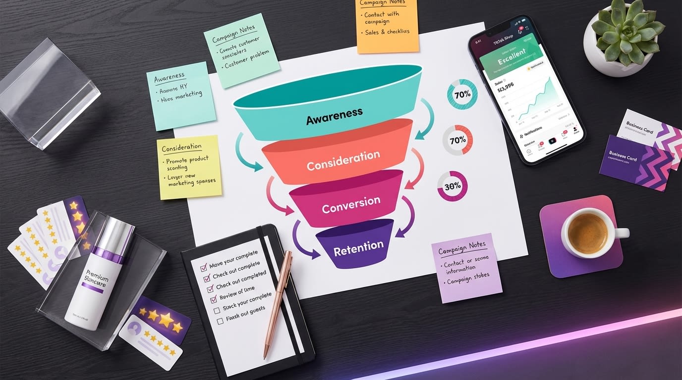 Organized TikTok Shop ad funnel planning workspace with budget allocations campaign naming conventions and product reviews