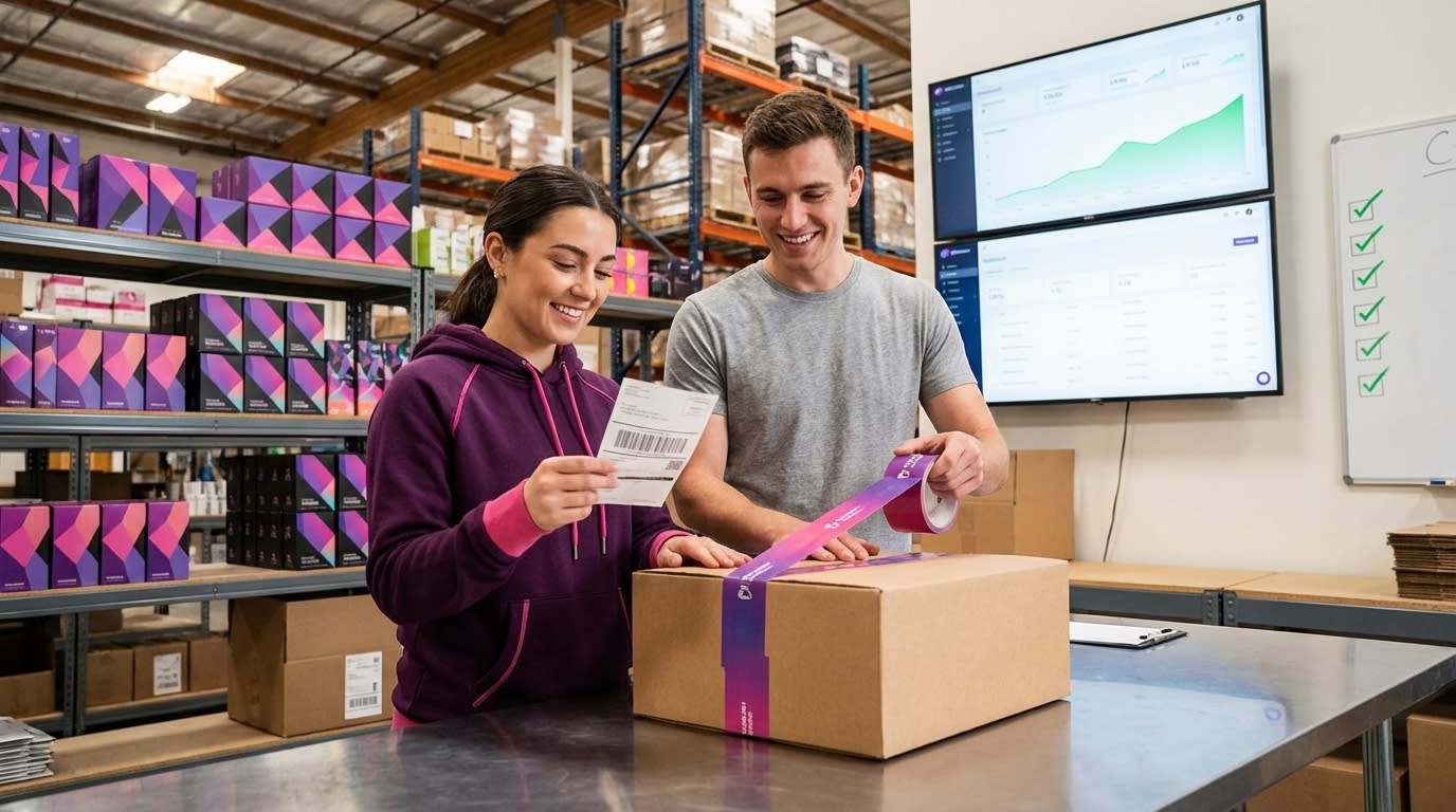 Organized TikTok Shop fulfillment warehouse with team packing orders and real-time sales dashboard