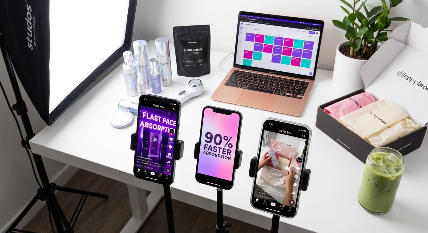 TikTok Shop live selling creator studio setup with scripting framework on whiteboard and products ready for demo