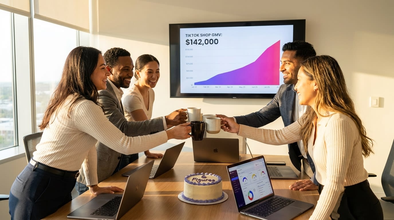 TikTok Shop growth team celebrating six-figure quarterly GMV milestone with rising revenue dashboard and cake