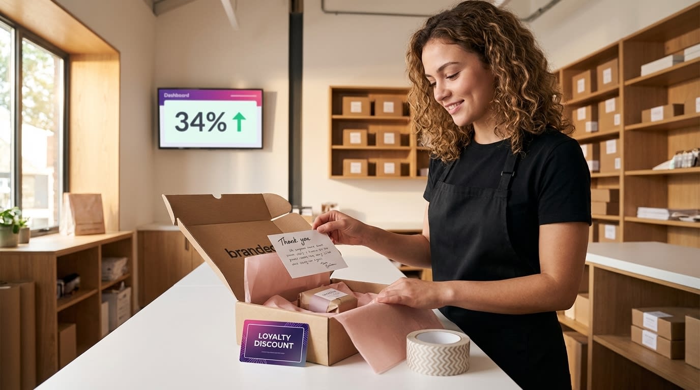 TikTok Shop repeat customer appreciation package being prepared with loyalty incentives and 34 percent repeat purchase rate dashboard
