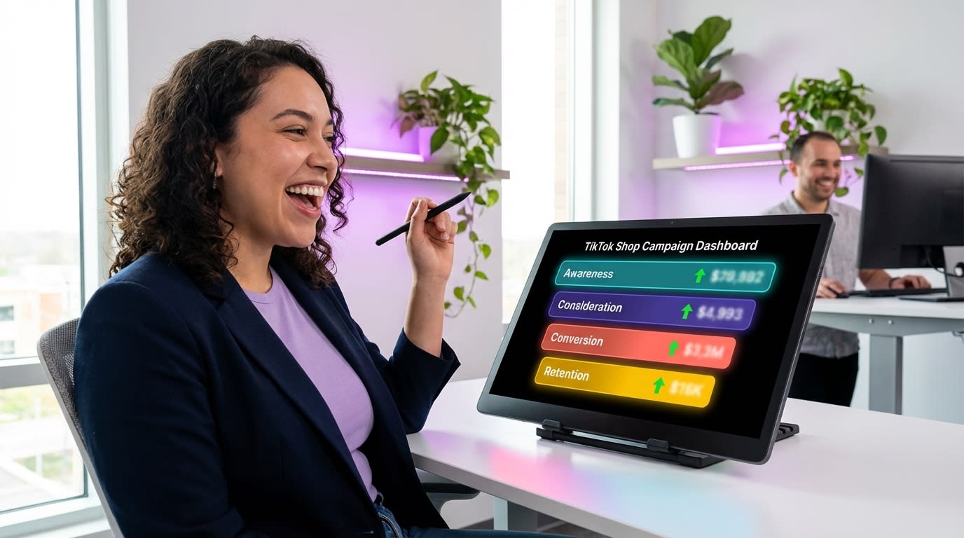 TikTok Shop full-funnel performance dashboard showing metrics across awareness consideration conversion and retention stages