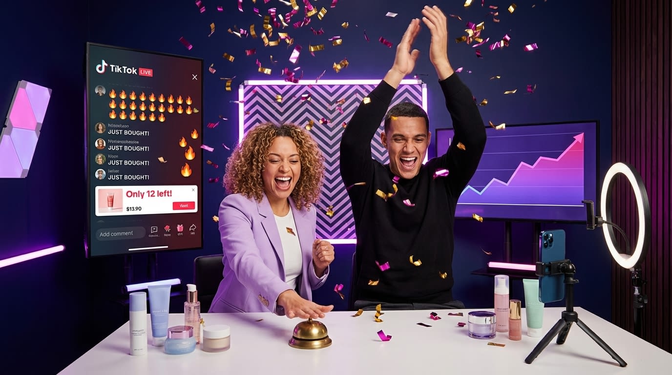 TikTok Shop live stream hosts celebrating 100 sales milestone with confetti and engaged chat audience
