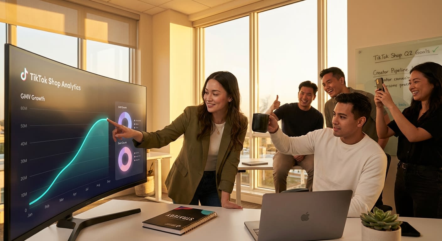 Brand strategy team celebrating TikTok Shop GMV growth on analytics dashboard in modern office
