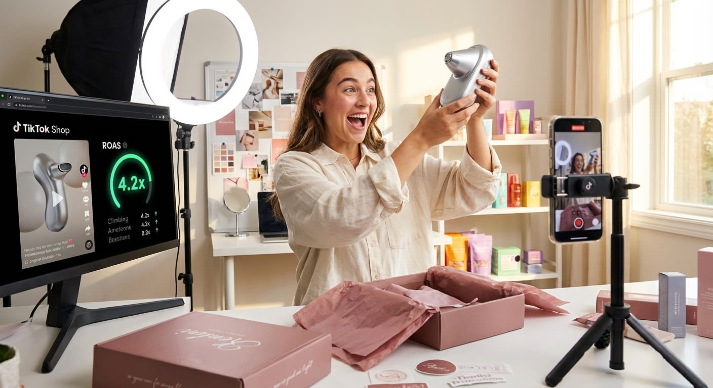 Creator excitedly unboxing TikTok Shop product seeding package in studio with Video Shopping Ad preview on monitor